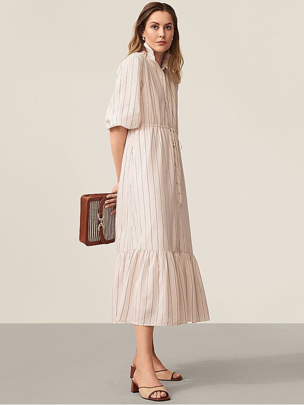 Ann Taylor Weekend Linen Stripe Button Front Midi Dress